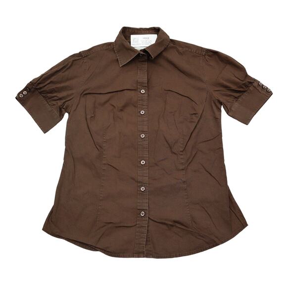 Merona Shirt Womens S Brown Short Sleeve Spread Collar Cotton Basic Button Up - Picture 1 of 14